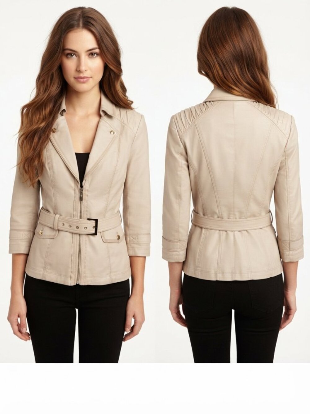 White House Black Market Belted Utility Jacket Beige Size 8 Pleated Shoulder